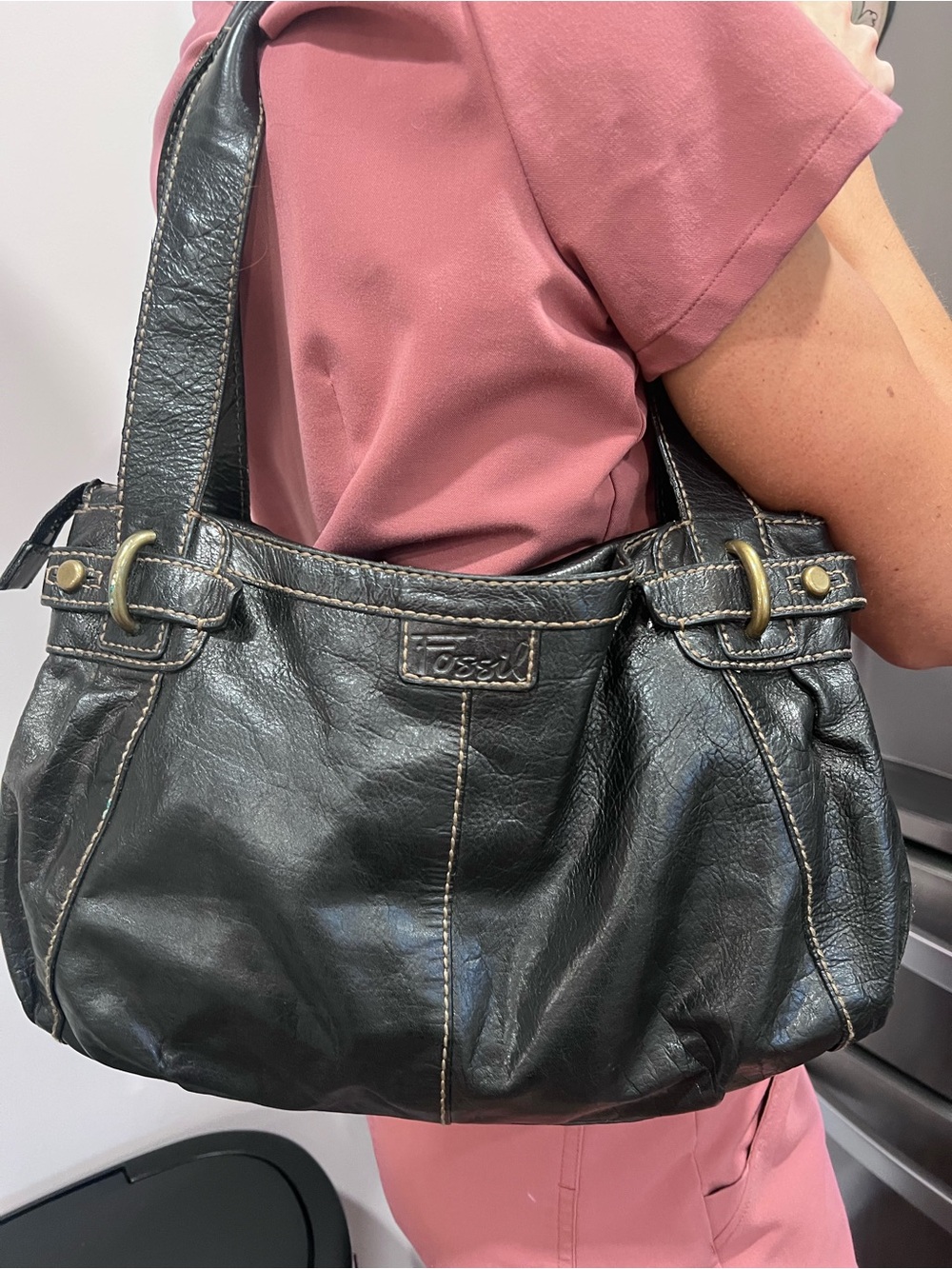 Fossil Dark Chocolate Brown Leather Shoulder Bag Satchel Boho Y2K
